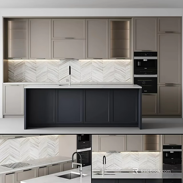 Modern Kitchen Interior With Light Cabinets Dark Island Countertop Herringbone Tile Backsplash And Built-in Oven 3d model 