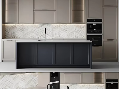 Modern Kitchen Interior With Light Cabinets Dark Island Countertop Herringbone Tile Backsplash And Built-in Oven 3d model