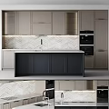 Modern Kitchen Interior With Light Cabinets Dark Island Countertop Herringbone Tile Backsplash And Built-in Oven