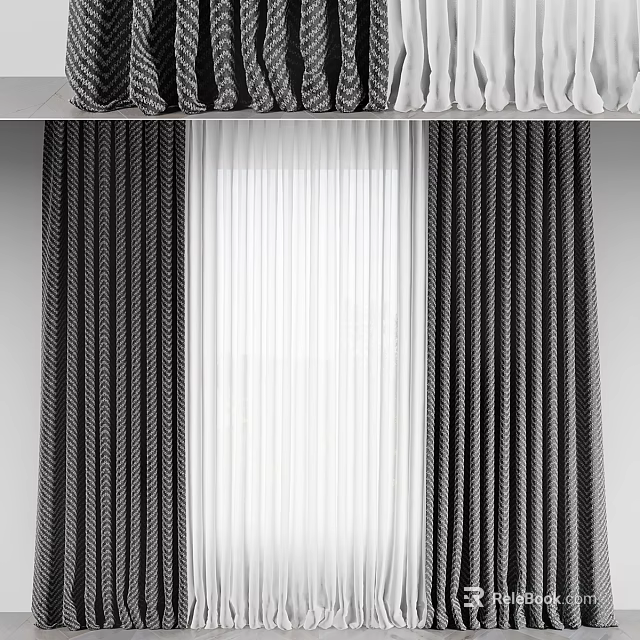 Modern Black White Striped Curtains With Sheer Middle Panel And Texture 3d model 