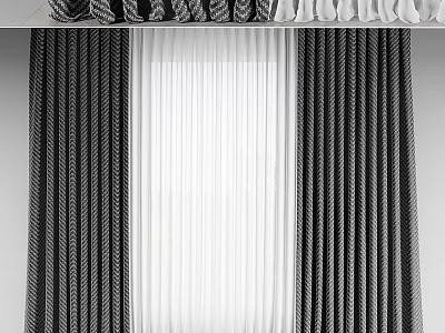 Modern Black White Striped Curtains With Sheer Middle Panel And Texture 3d model