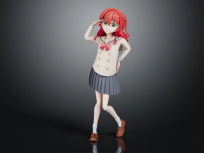 Red Haired Anime Girl In School Uniform With Hand On Head Pose Against Dark Background 3d model