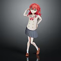 Red Haired Anime Girl In School Uniform With Hand On Head Pose Against Dark Background