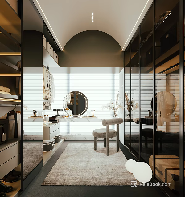 Modern Walk In Closet Interior With Large Windows Mirror And Stool 3d model