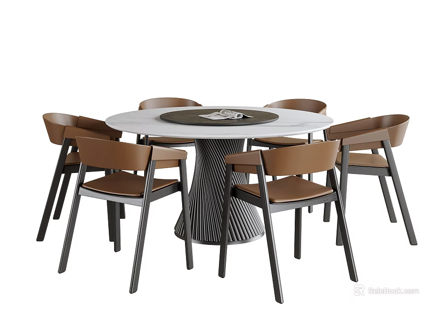 Modern Round Dining Table And Brown Chairs With White Tabletop And Black Base 3d model