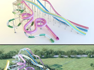 Colorful Spiral Water Slide Amusement Rides In Outdoor Park With Green Grassland 3d model