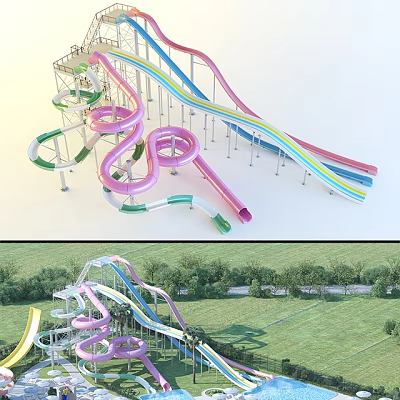 Colorful Spiral Water Slide Amusement Rides In Outdoor Park With Green Grassland 3d model