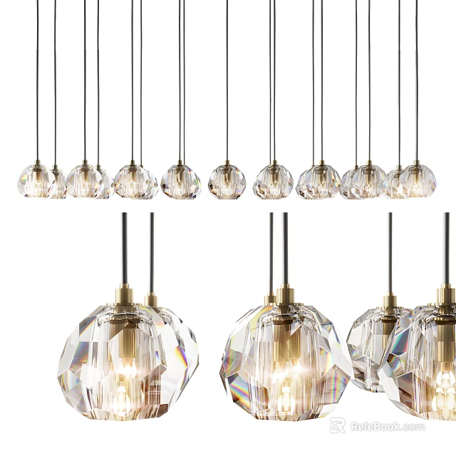 Modern Crystal Pendant Lights With Faceted Transparent Design And Golden Metal Brackets 3d model 