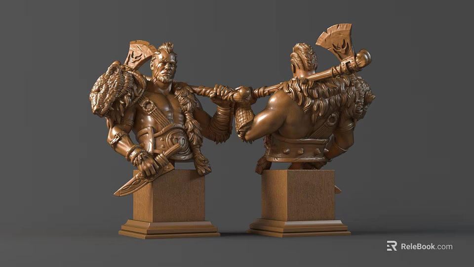 Handcrafted Bronze Warrior Sculptures With Axe Dagger And Decorative Bases 3d model 