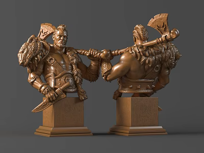 Handcrafted Bronze Warrior Sculptures With Axe Dagger And Decorative Bases 3d model