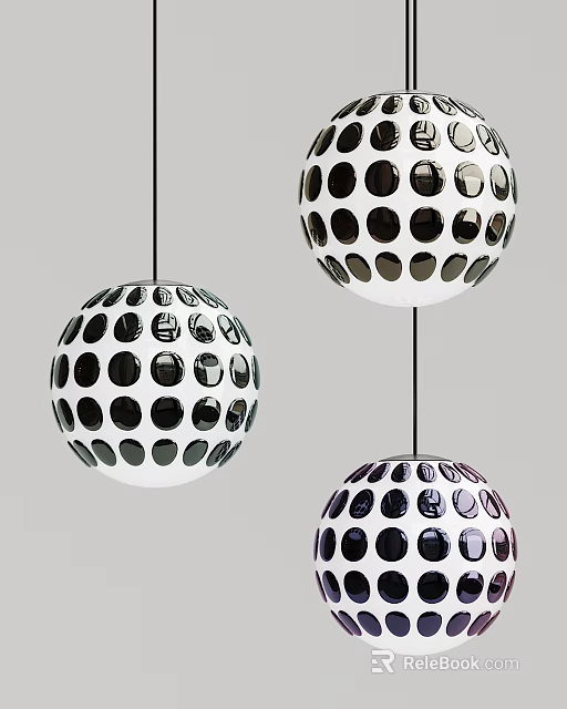 Stylish Spherical Pendant Lights With Black And Purple Circular Patterns 3d model 