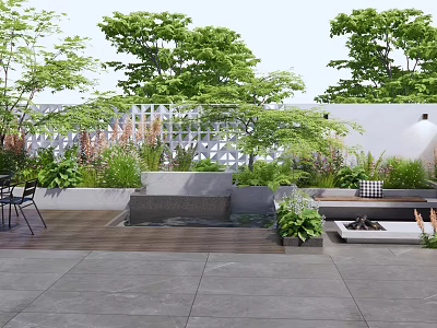 Courtyard Garden with Lush Green Plants Trees Stone Slab Flooring and Outdoor Seating 3d model