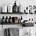 Modern Bathroom Accessories Organized On Wall Shelves With Bottles Towel And Toiletries