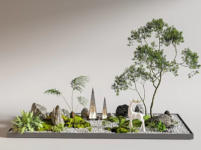 Indoor Miniature Landscape Decorative Tray With Green Moss Stones Trees And White Deer Statue 3d model