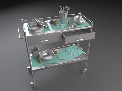 Stainless Steel Medical Cart With Trays Instruments Cups And Wheels On Shelves 3d model