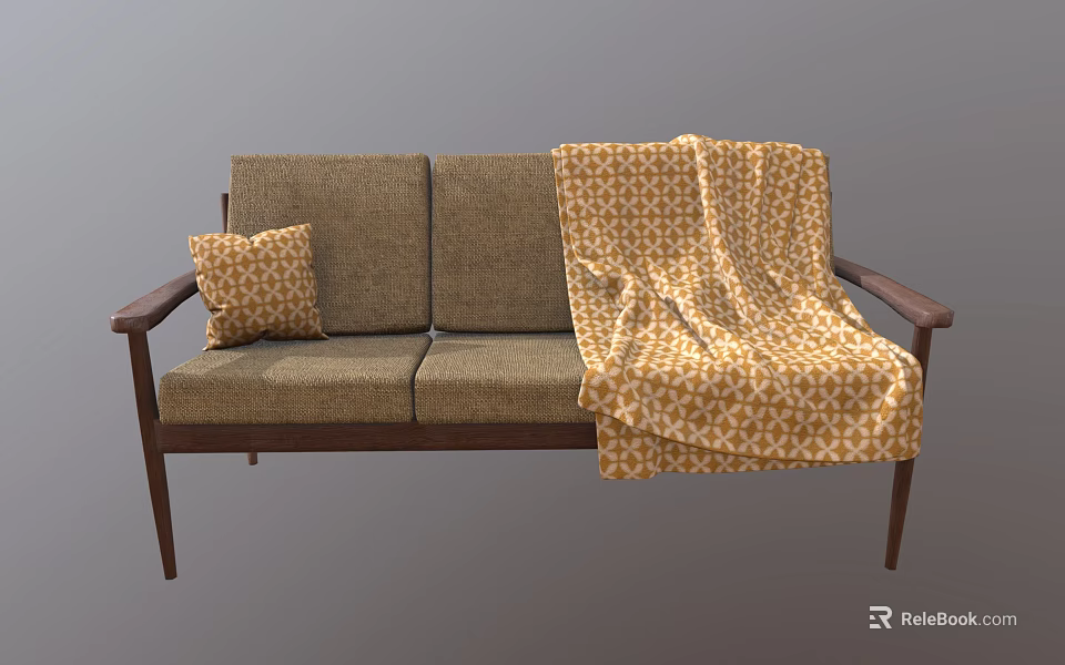 Brown Fabric Multi Seater Sofa With Wooden Armrests Decorative Pillow And Yellow Patterned Blanket 3d model 