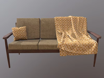 Brown Fabric Multi Seater Sofa With Wooden Armrests Decorative Pillow And Yellow Patterned Blanket 3d model