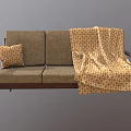 Brown Fabric Multi Seater Sofa With Wooden Armrests Decorative Pillow And Yellow Patterned Blanket