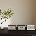 Vintage Style Radios In Different Colors On Black Table With White Vase And Green Branches