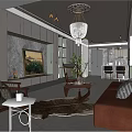 Living and Dining Room Interior With Chandelier Brown Sofa Glass Coffee Table and Garden View Window
