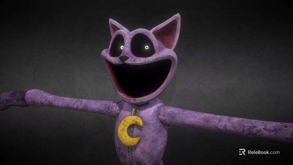 Purple Cartoon Cat Plush Toy With Big Eyes Open Mouth And Yellow Moon 3d model 