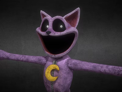 Purple Cartoon Cat Plush Toy With Big Eyes Open Mouth And Yellow Moon 3d model