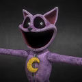 Purple Cartoon Cat Plush Toy With Big Eyes Open Mouth And Yellow Moon