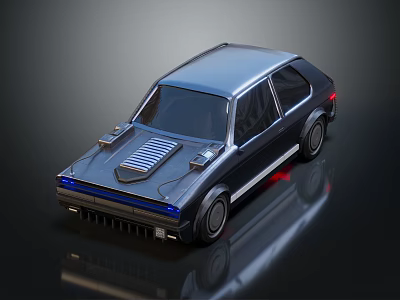 Retro Two Door Car With Black Body Front Grille Blue Headlights Red Tail Lights 3d model