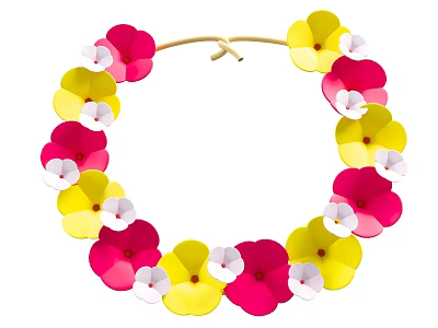Colorful Pansy Flower Wreath With Red Yellow White Blooms And Brown String On White Background 3d model