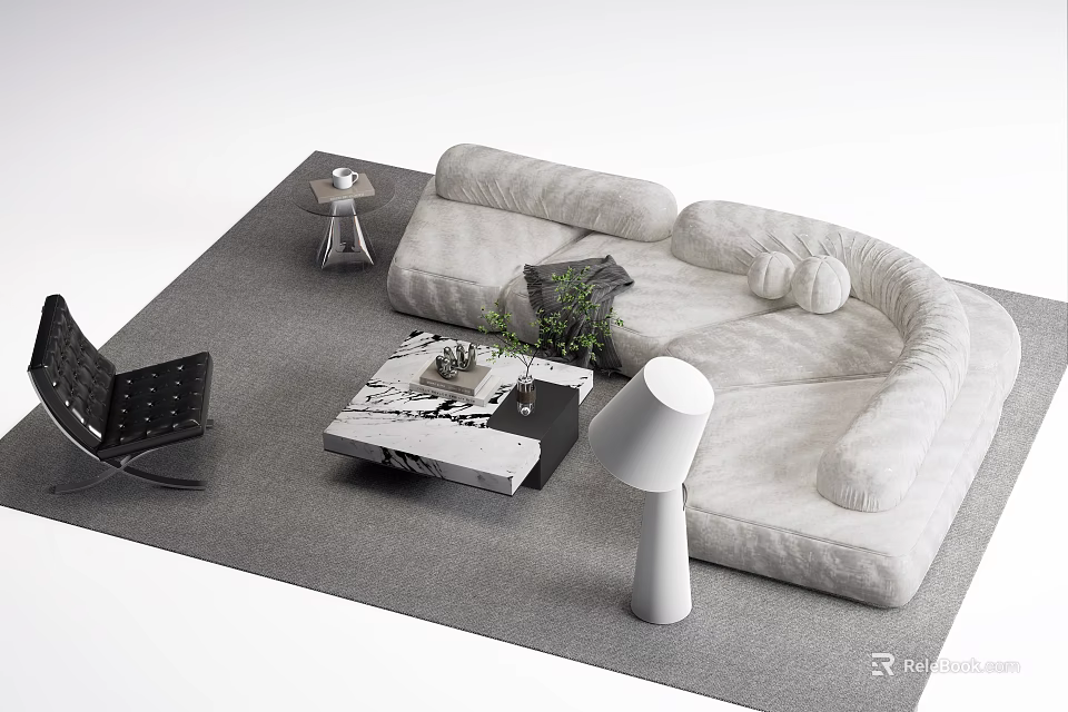 Cozy White Curved Leisure Sofa Set With Marble Coffee Table Green Plant And Floor Lamp 3d model 