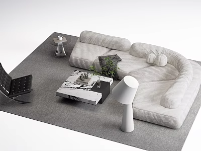 Cozy White Curved Leisure Sofa Set With Marble Coffee Table Green Plant And Floor Lamp 3d model