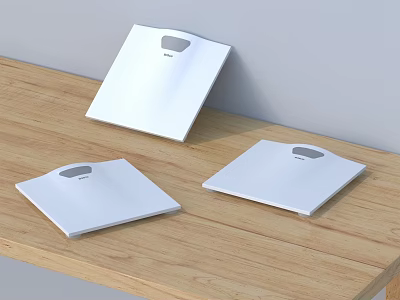 Three Modern White Digital Scales As Business Equipment On Wooden Table 3d model