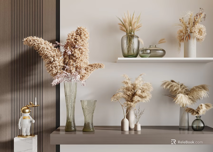 Decorative Glass Vases with Dried Pampas Grass and Hydrangea on Modern Shelves 3d model 
