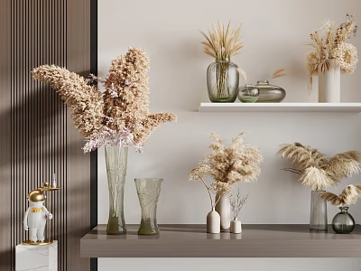 Decorative Glass Vases with Dried Pampas Grass and Hydrangea on Modern Shelves 3d model