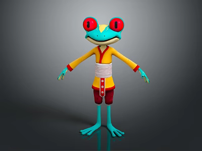 Animated Frog Character With Red Large Eyes Blue Body Yellow Top And Red Shorts 3d model