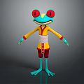 Animated Frog Character With Red Large Eyes Blue Body Yellow Top And Red Shorts