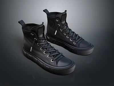 Black High Top Leather Shoes With Lace Up Design And Thick Sole 3d model