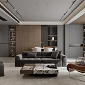 Modern Minimalist Living And Dining Room Interior With Comfortable Sofas And Built In Storage Cabinets