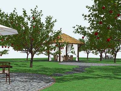 Apple Trees With Red Fruits In Garden Featuring Pavilion Grass And Stone Path 3d model