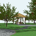 Apple Trees With Red Fruits In Garden Featuring Pavilion Grass And Stone Path