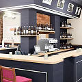 Cozy Restaurant Interior With Brick Walls Purple Booths White Tablecloths Bar Counter And Red Stools