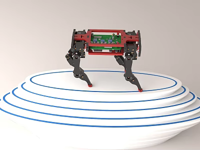 Smart Black And Red Four Legged Machine On White Multilayered Circular Platform With Blue Lines 3d model