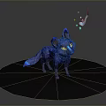Mythical Game Character Blue Fox With Glowing Ears Tail Tip Yellow Eyes And Light Particles