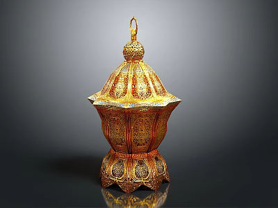 Ornate Golden Decorative Vessel With Intricate Carvings Lid And Base 3d model