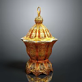 Ornate Golden Decorative Vessel With Intricate Carvings Lid And Base