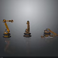 Three Orange Robotic Arms Placed On Gray Background With Shiny Reflection 3d model