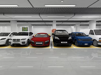 Indoor Modern Parking Lot With Multiple Cars Neatly Parked Under Bright Ceiling Lights 3d model