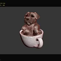 Adorable Small Puppy Comfortably Sitting In White Ceramic Cup On Dark Surface Background
