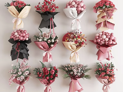 Beautiful Floral Display Featuring Assorted Colorful Bouquets with Elegant Wrapping and Decorative Ribbons 3d model