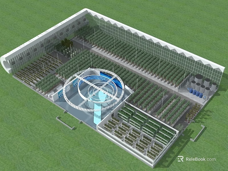 Modern Agricultural Greenhouse Facility With Plantation Areas And Circular Central Design 3d model 